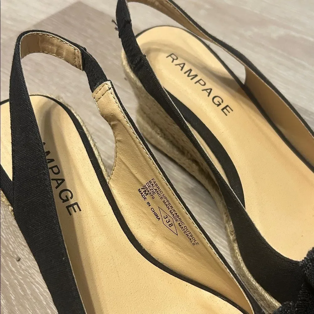 Rampage Dezie Wedge Slingbacks Raw Edge Black Linen Bows Espadrilles Sz 7